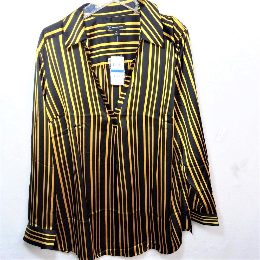 INTERNATIONAL CONCEPTS  Black Gold Striped V-Neck Shiny Sateen Pullover Blouse